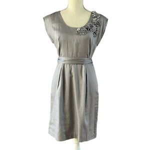 Ann Taylor Gray Polka Dot Origami Flowers Dress 0